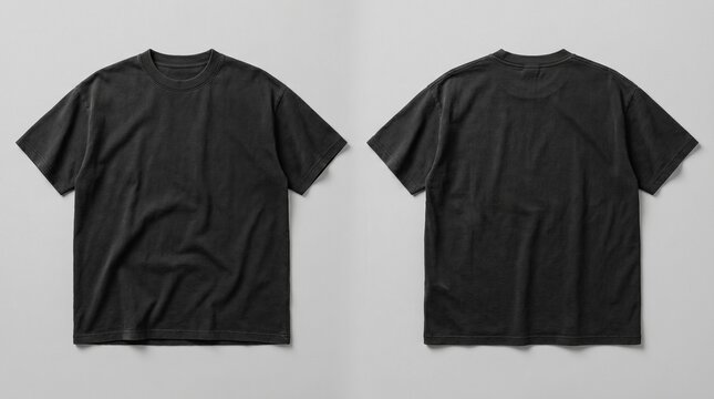 Blank washed black t-shirt mockup front and back view, oversized heavyweight cotton tee template for apparel brand design on grey background
