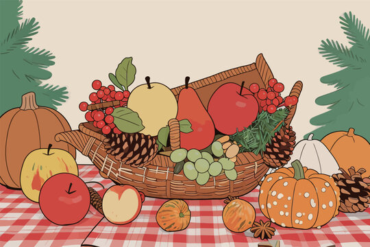 Autumn Harvest Basket with Fruits and Pumpkins