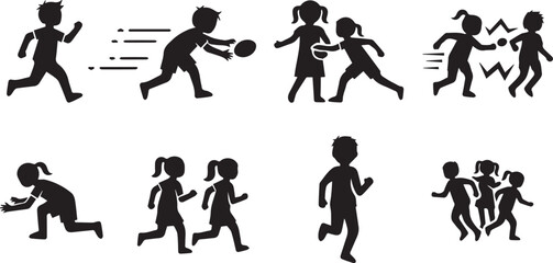 Fototapeta premium Collection of black silhouette icons depicting children running and playing sports isolated on white background