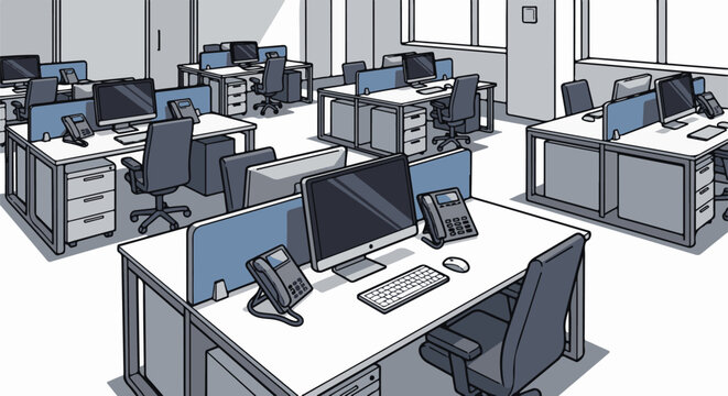 Open plan office cubicles with computers, phones, and chairs