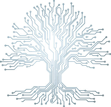 Abstract technical tree of life illustration featuring blue electronic circuit traces on white background for data science and futuristic innovation concepts.