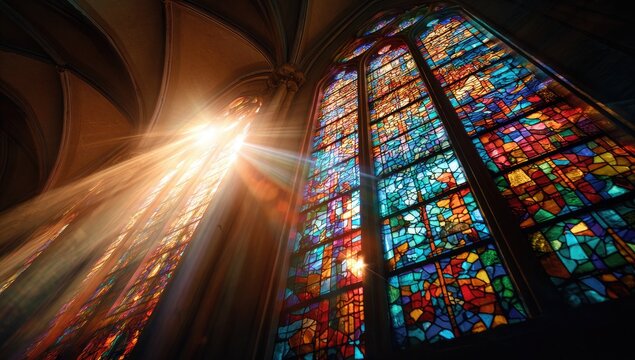 Sunlight streams through a vibrantly colored stained-glass church window
