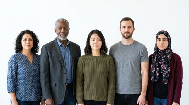 Five individuals standing in front of a white background.