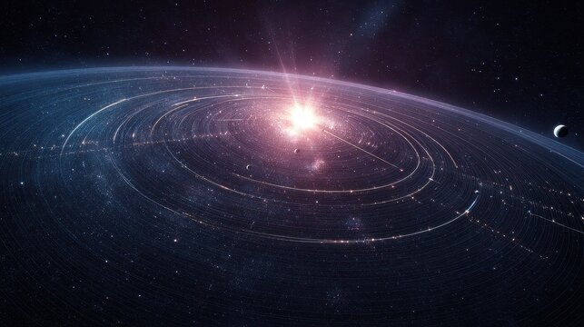 Celestial alignment planetary motion concept of balance and destiny copy space universal order theme futuristic silhouette orbital path backdrop. 