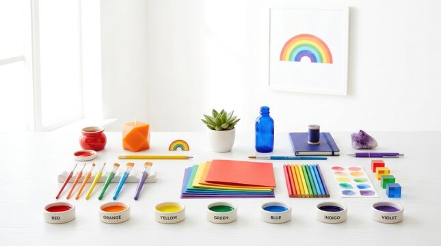 A colorful rainbow of objects on a white table, including a rainbow-colored watercolor set, a rainbow-colored candle, and a rainbow-colored succulent plant.