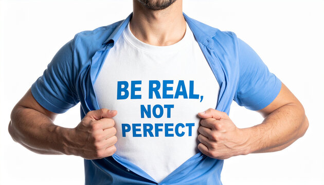 Ein Mann öffnet sein Hemd und zeigt das Tshirt mit der Aufschrift "Be Real, not Perfect"