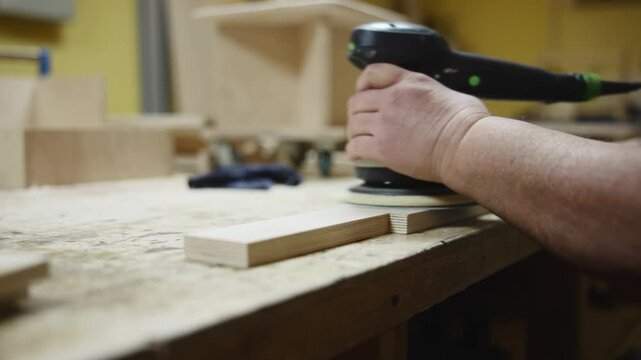 Craftsman Smoothing Wood With Power Tool. Workshop Scene With Craftsmen Preparing Wooden Surface. Media