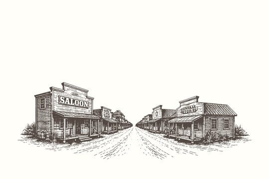 Detailed engraving style vector illustration of a wild west saloon and wooden town buildings lining a dusty street in a classic frontier village.