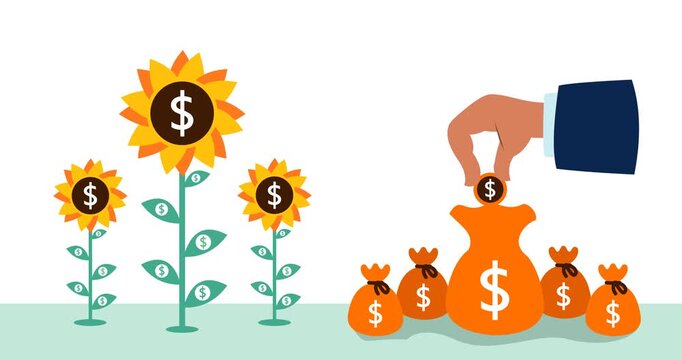 Animated footage with business and investment concepts. Illustration of a hand holding and saving money in a bag, and a sunflower growing and blooming, producing dollars.