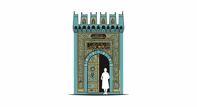 Ornate, arched doorway with intricate patterns and a silhouetted figure