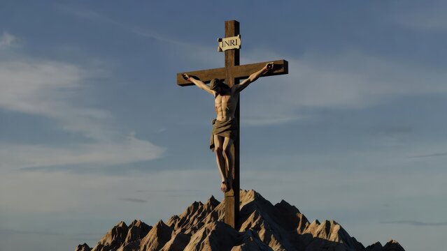 Jesus Christ on the Cross, INRI inscription, on a rocky mountain peak, sky background