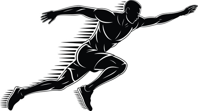 Black silhouette of a muscular male athlete sprinting fast with motion blur speed lines and intensity