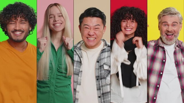 Collage of happy excited group people men women portraits diverse gender, different ages celebrating success victory win with cheerful excited smile receiving good positive news winning a lottery game