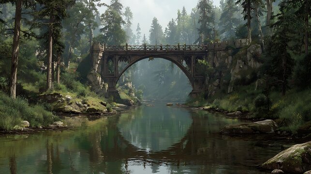 Awesome photo of stone arch bridge over a calm river in a misty fantasy forest.
