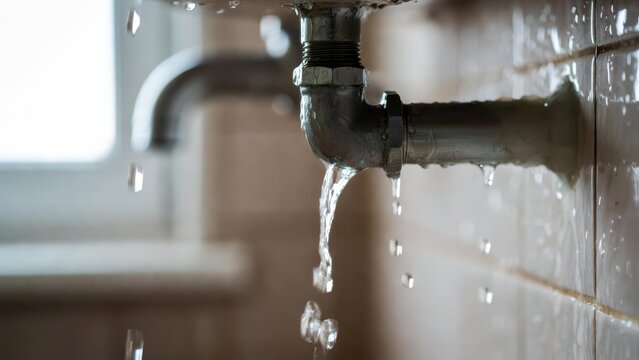 Dripping water from a leaky pipe onto tiled wall, close-up, macro, water droplets