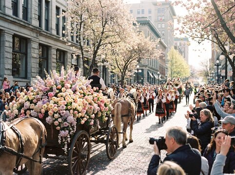 Flower parade float decorated with massive bouquet of roses pulled by horses on street with marching band and cheering spectators enjoying spring festival event.