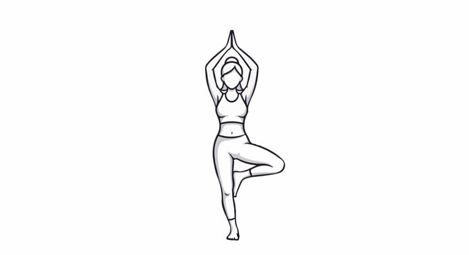Line art of a person in a yoga tree pose, arms raised above head