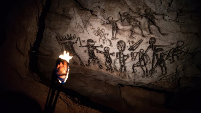 Ancient cave paintings illuminated by torchlight, depicting prehistoric human figures and symbols.
