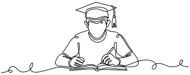 Student in Graduation Cap Studying at Desk with Book and Pen, Continuous Line Art © Kensusei