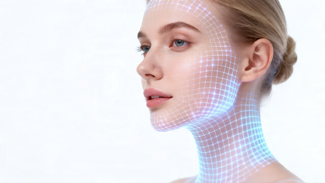 Woman face covered with glowing tech grid, intelligent beauty scan