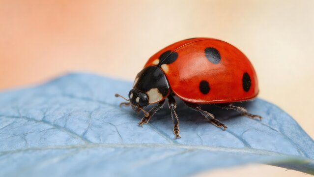 Red ladybug on blue leaf