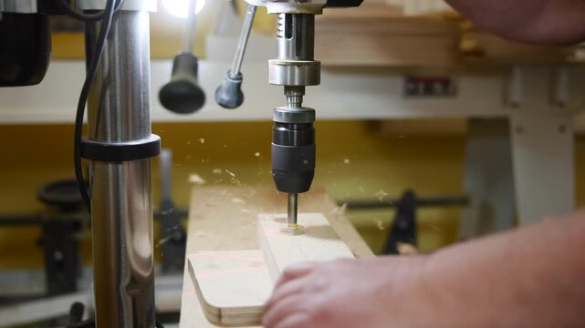 Wood Drilling Process. Individual Meticulously Operates Drill Press To Create Precise Holes In Wood. Media