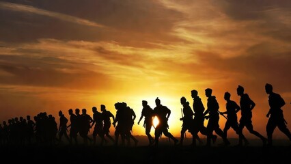 Fototapeta premium Silhouetted group of people running across a field at sunset with dramatic orange sky