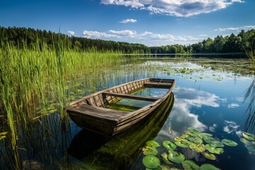 Obraz premium Rustic Rowboat on Serene Forest Lake. 