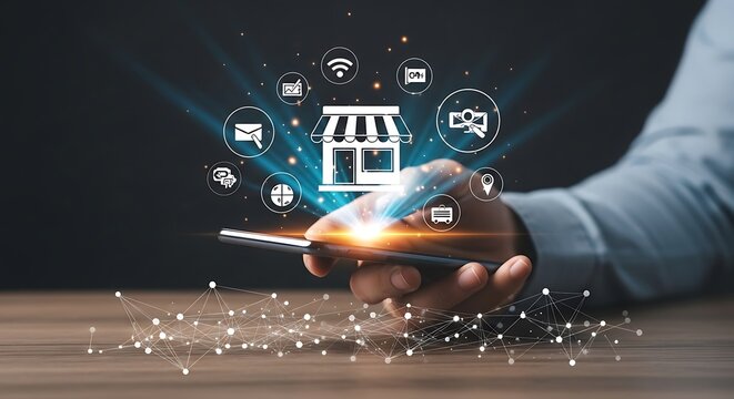 Pengusaha Menggunakan Smartphone untuk Mengelola Bisnis Digital dan Toko Online dengan Jaringan Konektivitas Global