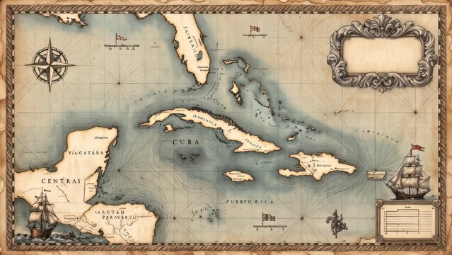 Vintage Caribbean map with compass rose, sailing ships, and ornate frame