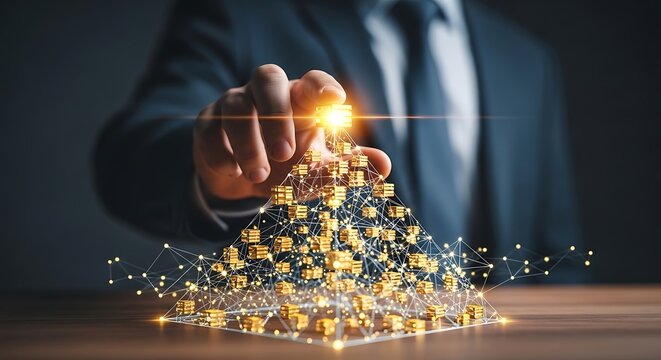 Pengusaha Sukses Menyentuh Puncak Piramida Jaringan Emas, Simbol Pertumbuhan Bisnis dan Investasi Cerdas