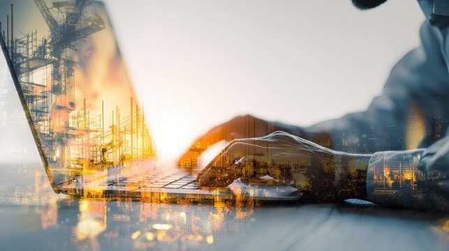 Electrical engineer using laptop for design (close up, focus on, copy space) vibrant screen and interface, double exposure silhouette with CAD.