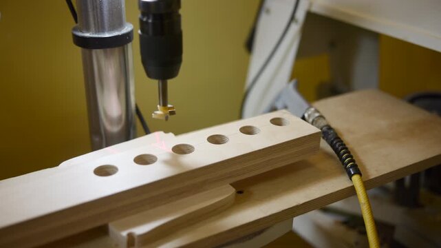 Neat Pattern Of Drilled Holes Established. Wooden Template Aligns With Evenly Spaced Drilled Holes. Media