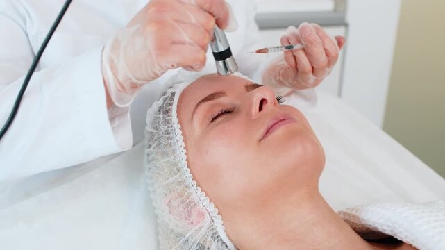 Injection-free mesotherapy or electroporation. Beautician doctor makes client adult woman forehead face therapy in beauty clinic salon. Girl skin care anti-age spa procedure. Aesthetic cosmetology.