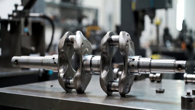 Precision-Engineered Crankshaft Resting on a Metal Surface in a Workshop Environment
