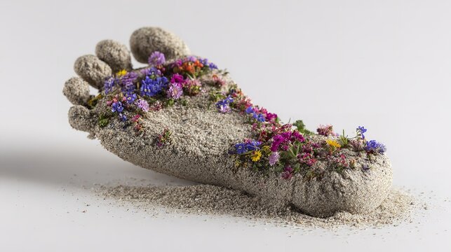 Sand foot with colorful flowers symbolizing decay renewal nature cycle surreal artistic illustration