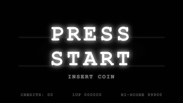 Retro 80s Style Arcade Video Game Start Interface with Insert Coin Text and High Score Display