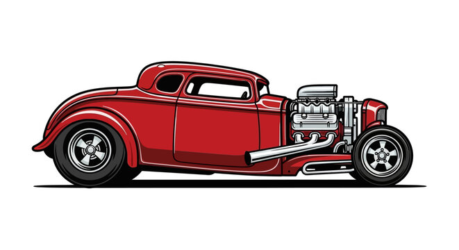 Red Vintage Hot Rod Car Side View.