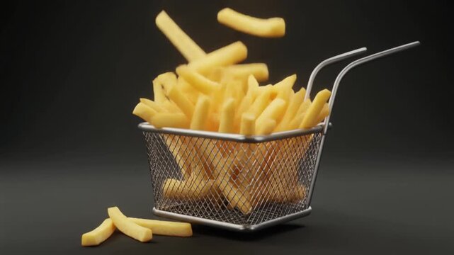 A dynamic capture of golden, crispy potato fries gracefully falling into a rustic wire serving basket, symbolizing a delicious and hot snack food experience