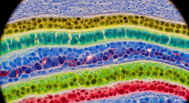 Microscopic View of Retinal Layers Showing Cellular Structure and Color Gradients.