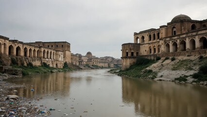 Fototapeta premium Tranquil River View with Historical Architecture and Reflections