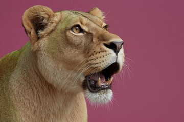 Naklejka premium Lioness looking upward with open mouth on pink background