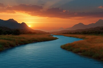 Fototapeta premium Wide river stretching toward sunset with marsh grasses