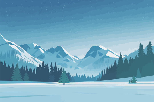 Snowy Mountain Range with Evergreen Forests