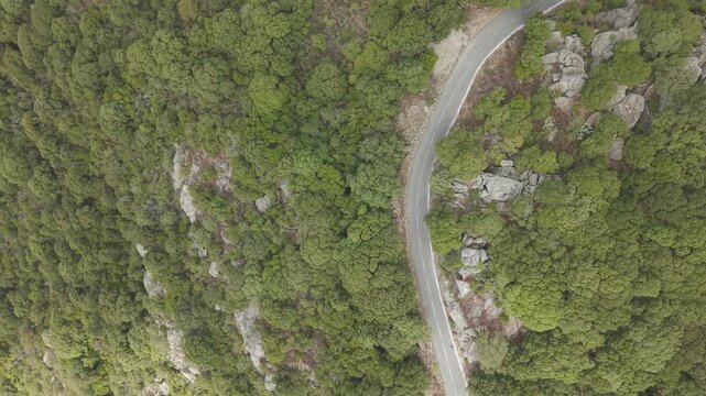 Scenic winding road through Corsican mountains, drone footage