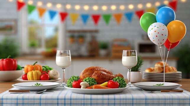 Festive Thanksgiving Dinner Table Setting with Roasted Turkey, Vegetables, Balloons, and Bunting