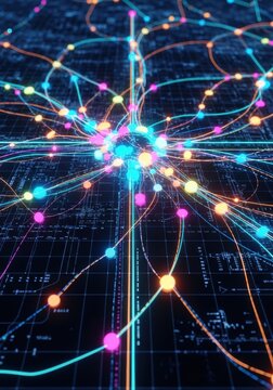 Abstract neural network grid featuring glowing data streams and luminous nodes. Intricate digital patterns representing machine learning flow, analytics, background, cyberspace