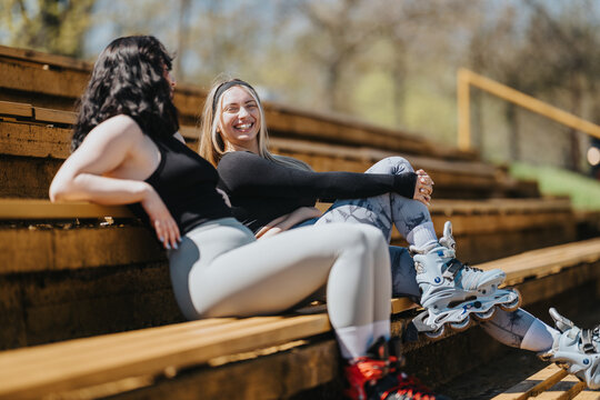 Two women in rollerblades relax on wooden bleachers while smiling and talking. They sit in active wear enjoying a sunny outdoor break.