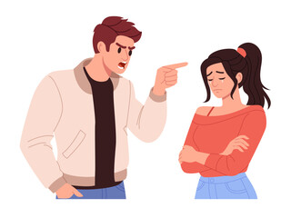Fototapeta premium Unhealthy, Toxic Relationship, Assault and Abuse. Unhappy Woman Suffer from Psychological Pressure and Bad Attitude of Aggressive Man. Psychology Problem. Flat Vector Illustration.