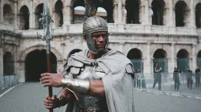 Man in roman legionary armor stands with spear before colosseum. Reenactment of gladiatorial era and imperial heritage for historical education.